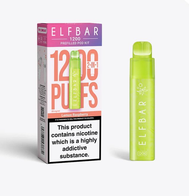 2 in 1 Elfbar 1200 Puffs Prefilled Pod Kit - Box of 5 available in Lemon Raspberry Flavour at UK Vaper Wholesale