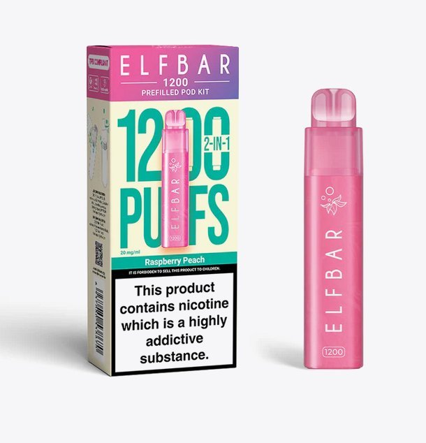 2 in 1 Elfbar 1200 Puffs Prefilled Pod Kit - Box of 5 available in Raspberry Peach Flavour at UK Vaper Wholesale