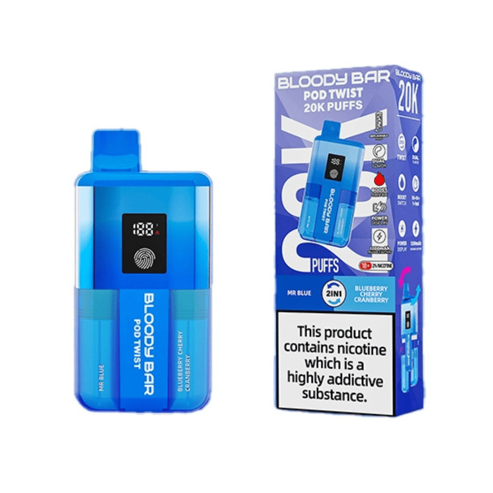 Bloody Bar Pod Twist 20K Prefilled Pod Kit Box of 5 in Mr Blue, and Blueberry Raspberry at UK Vaper Wholesale