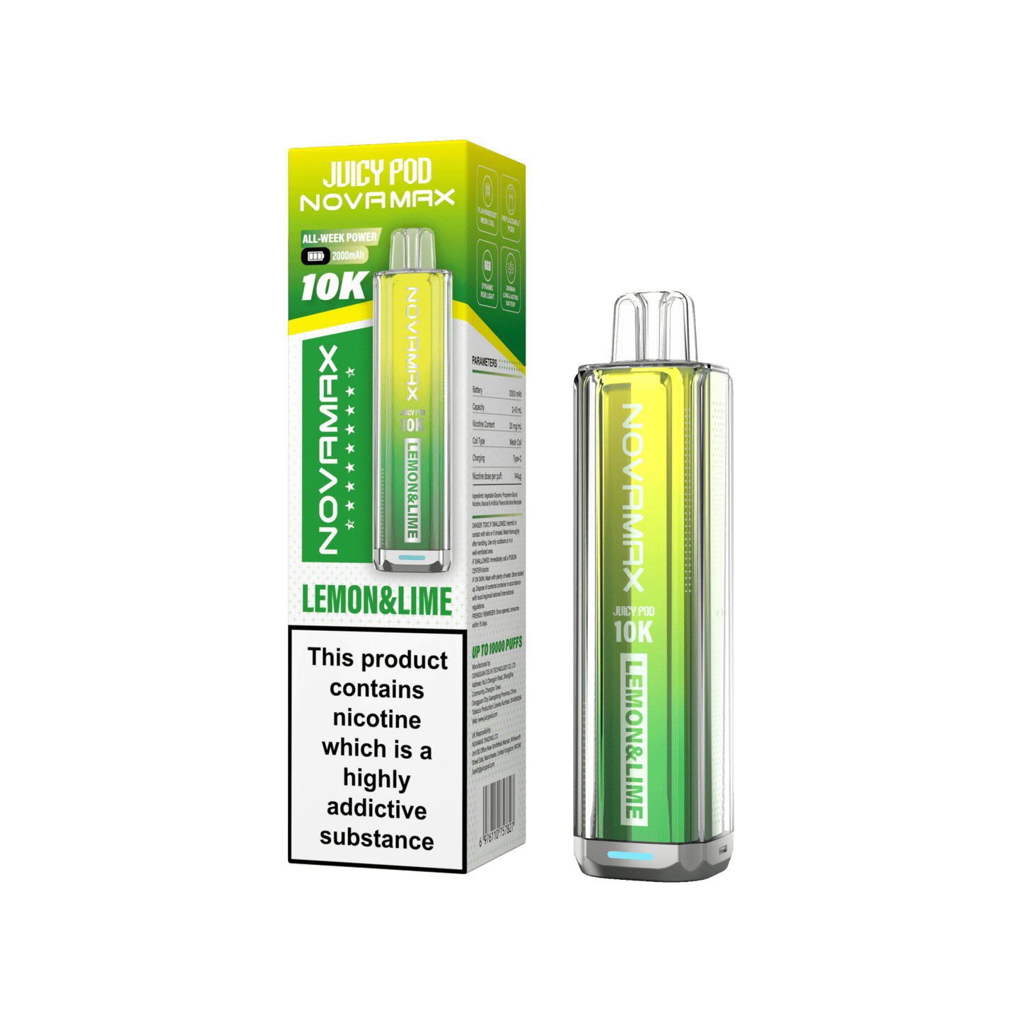 Juicy Pod Novamax 10k Prefilled Pod Vape Kit - Pack of 5 available in Lemon & Lime Flavour at UK Vaper Wholesale