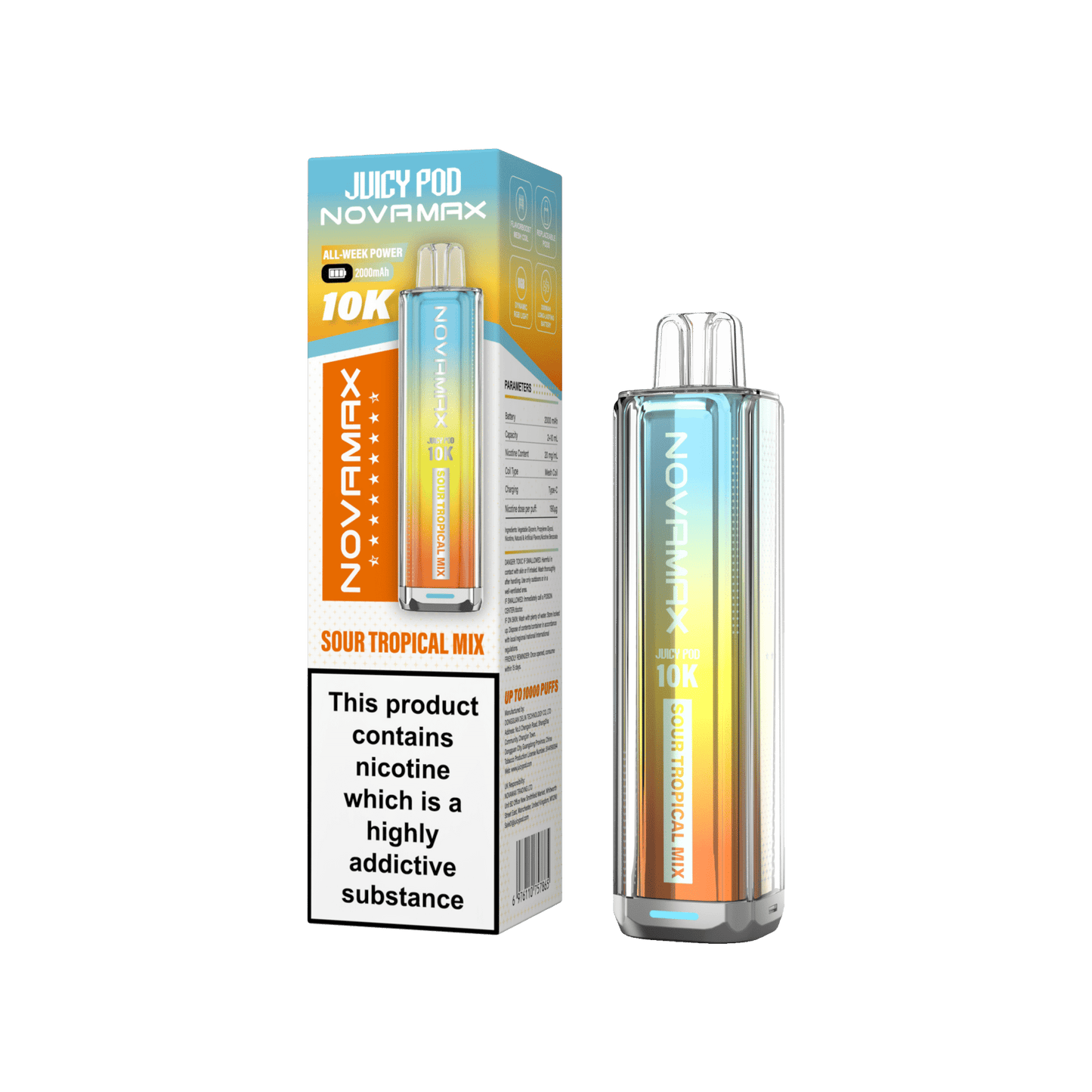 Juicy Pod Novamax 10k Prefilled Pod Vape Kit - Pack of 5 available in Sour Tropical Mix Flavour at UK Vaper Wholesale