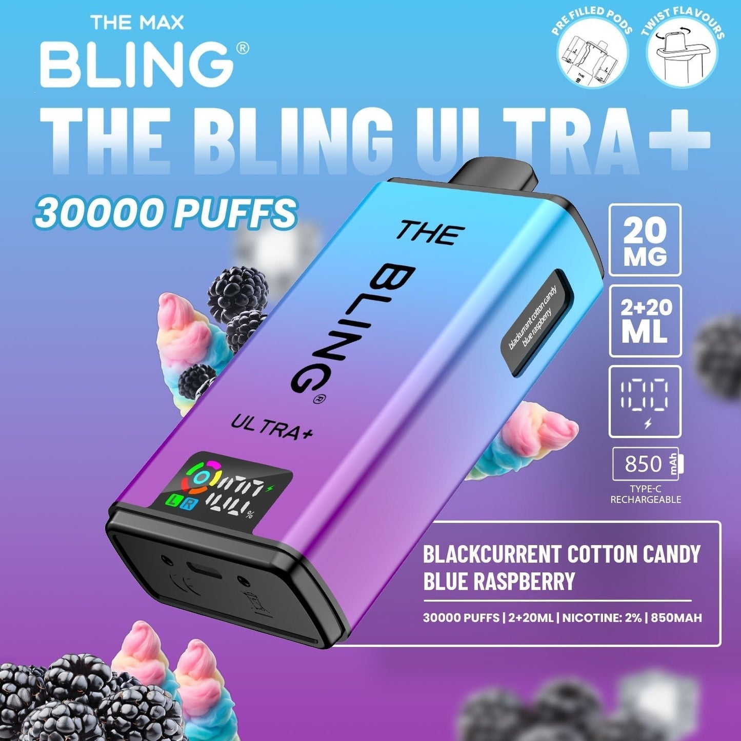 The Bling Ultra Plus 30k Prefilled Vape Pod Kit Box of 5 available in Blackcurrent Cotton Candy Blue Raspberry Flavour at UK Vaper Wholesale