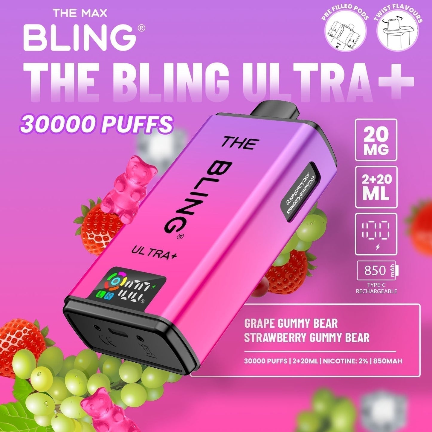 The Bling Ultra Plus 30k Prefilled Vape Pod Kit Box of 5 available in Grape Gummy Bear Strawberry Gummy Bear Flavour at UK Vaper Wholesale
